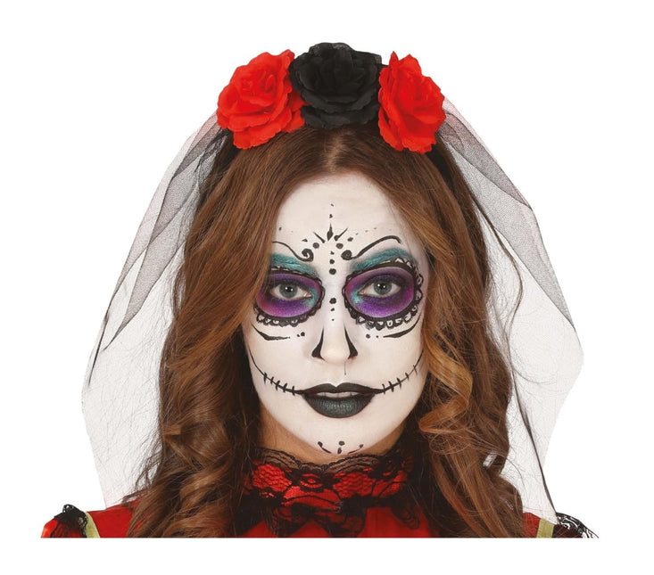 Halloween Tiara Sluier En Bloemen Rood van Fiestas Guirca koop je bij Partywinkel