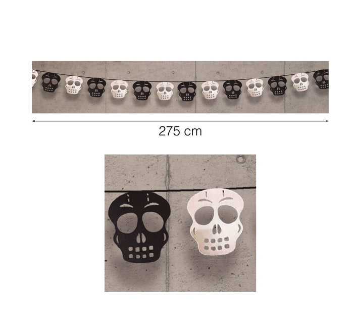 Halloween Vlaggenlijn Doodshoofden Zwart Zilver 2,75m van Fiestas Guirca koop je bij Partywinkel