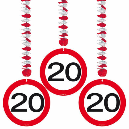 Hangdecoratie 20 Jaar Verkeersbord 75cm 3st - Partywinkel - 8714572051194