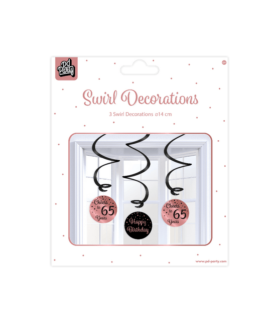 Hangdecoratie 65 Jaar Happy Birthday Zwart Roze 17cm 3st van Paper Dreams koop je bij Partywinkel