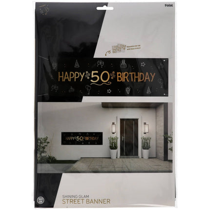 Happy Birthday Banner Zwart Goud 1,6m van Folat koop je bij Partywinkel