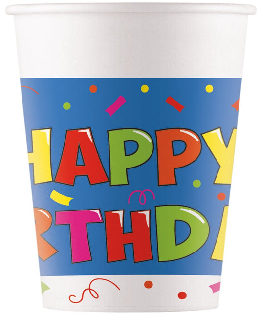 Happy Birthday Beker Gekleurd 200ml 8st van Procos koop je bij Partywinkel