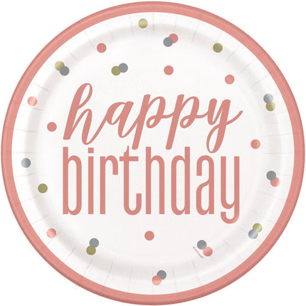 Happy Birthday Borden Rose Goud 23cm 8st van Unique koop je bij Partywinkel