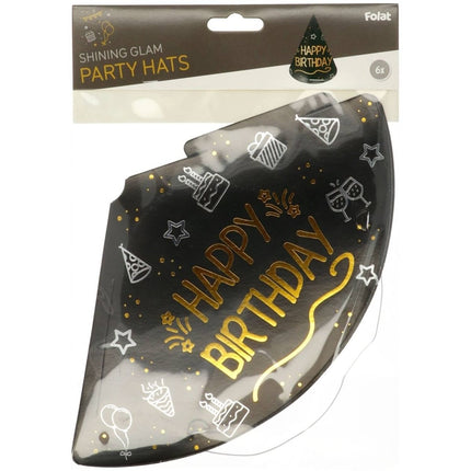 Happy Birthday Feesthoedjes Zwart Goud 6st van Folat koop je bij Partywinkel