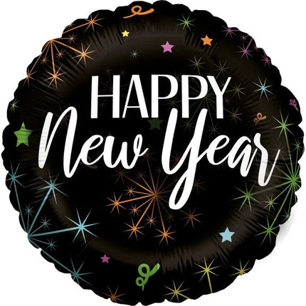 Happy New Year Helium Ballon Zwart Vuurwerk Leeg 45cm van VDV Benefit koop je bij Partywinkel
