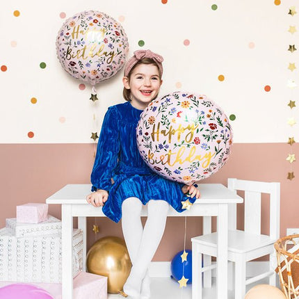 Helium Ballon Happy Birthday Bloemen Roze Leeg 45cm van Partydeco koop je bij Partywinkel