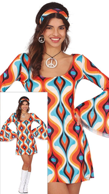 Hippie 60S Kostuum Blauw Oranje Dames - Partywinkel - 8434077860632