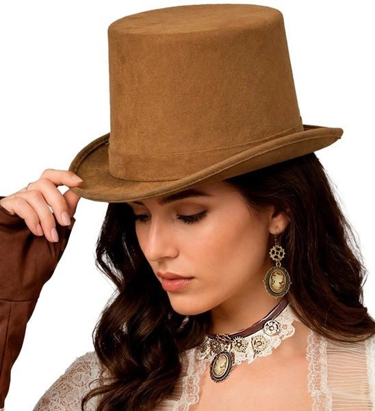 HOGE HOED VINTAGE SUEDE BRUIN 15 CM van Widmann koop je bij Partywinkel