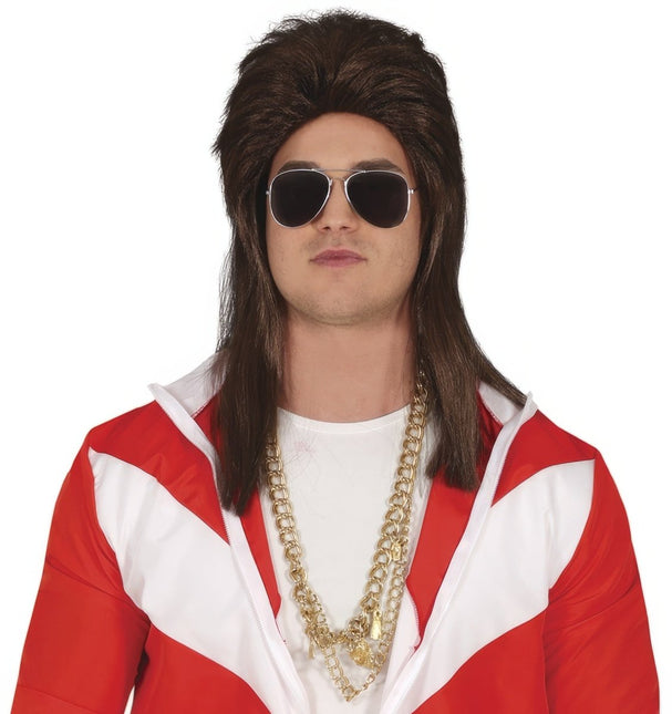 Jaren 80 Pruik Aso Lang Bruin van Fiestas Guirca koop je bij Partywinkel