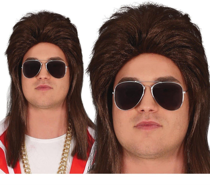 Jaren 80 Pruik Aso Lang Bruin van Fiestas Guirca koop je bij Partywinkel