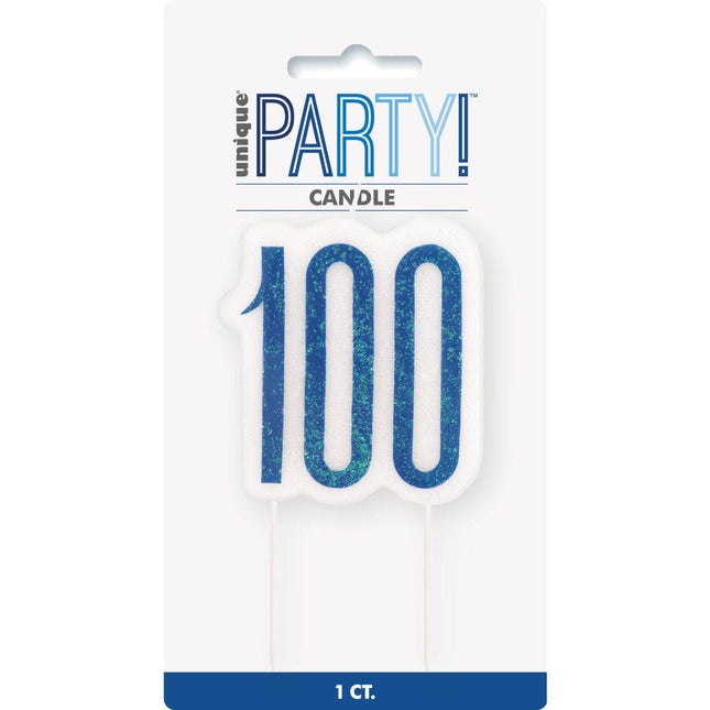 Kaars 100 Jaar Glitter Blauw 8,5cm van Unique koop je bij Partywinkel
