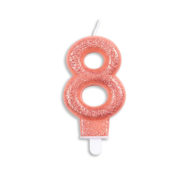 Kaars 8 Jaar Rose Goud Glitter 7cm van WeFiesta koop je bij Partywinkel
