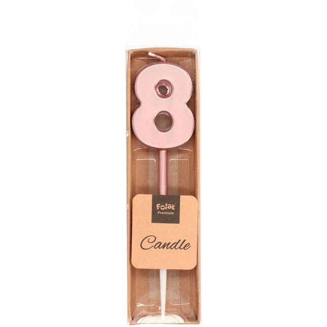 Kaars Cijfer 8 Rose Goud Metallic 15cm van Folat koop je bij Partywinkel