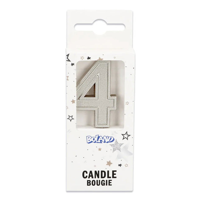 Kaarsje Elegant '4' zilver op prikker (3 x 4,2 x 0,7 cm) van Boland koop je bij Partywinkel