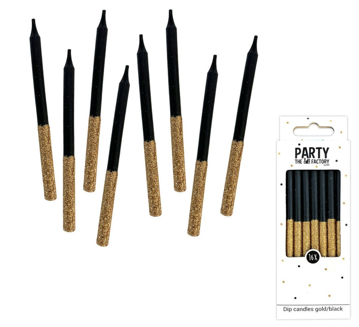 Kaarsjes Glitter Dip Zwart Goud 8cm 16st van Haza Witbaard koop je bij Partywinkel