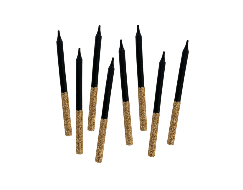 Kaarsjes Glitter Dip Zwart Goud 8cm 16st van Haza Witbaard koop je bij Partywinkel