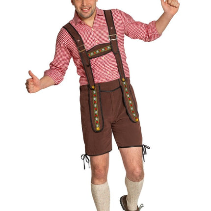 Lederhose Johann met Verstelbare Bretels Donkerbruin Kort van Partychimp koop je bij Partywinkel