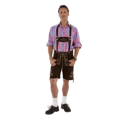 Lederhose kort bruin GEITENLEER/ kurz braun ZIEGENLEDER van Haus Huberts koop je bij Partywinkel