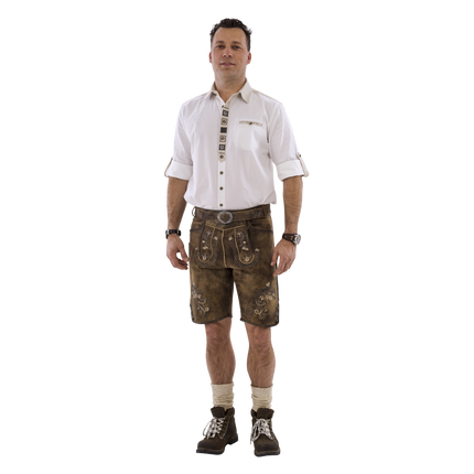 Lederhose kurz, braun antik mit exclusiver Stickerei und Gürtel