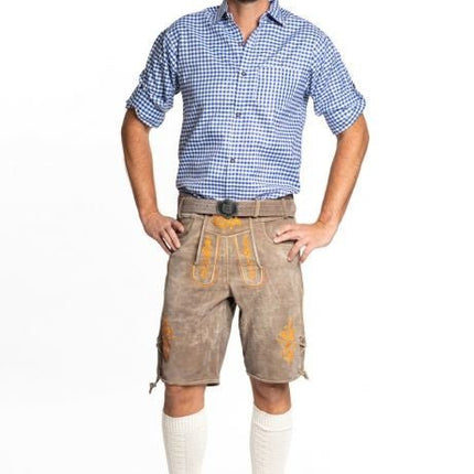 Lederhose Leer Kort Schaduw Oranje en Riem van Tannhauser koop je bij Partywinkel