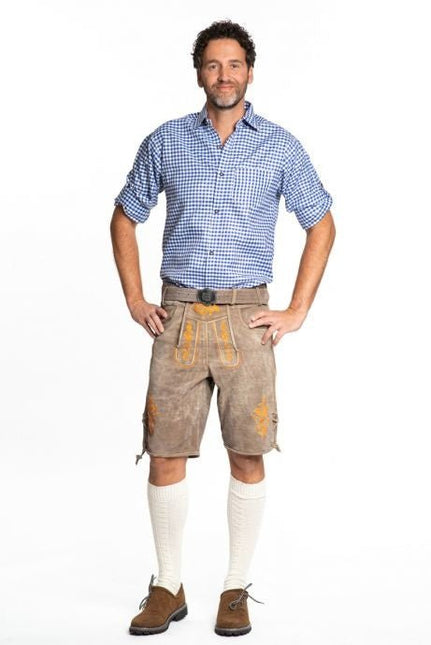 Lederhose Leer Kort Schaduw Oranje en Riem van Tannhauser koop je bij Partywinkel