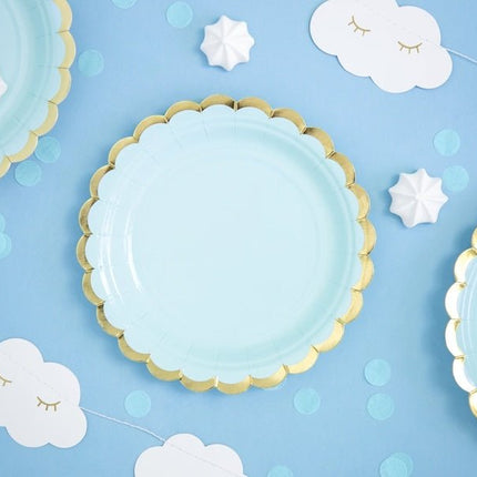 Lichtblauwe Bordjes Karton Goud 18cm 6st van Partydeco koop je bij Partywinkel