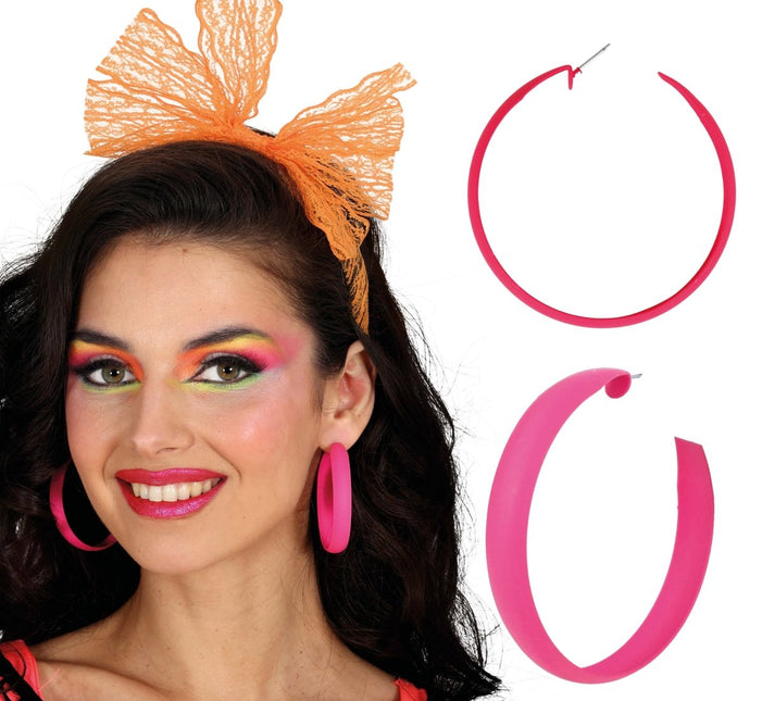 Neon Roze Oorbellen Hoepel van Fiestas Guirca koop je bij Partywinkel