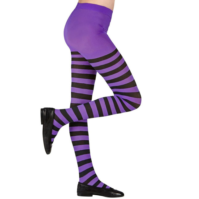 Paars Zwarte Panty Kind Gestreept van Widmann koop je bij Partywinkel