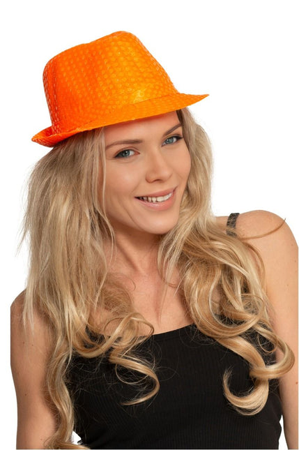 Pailletten Hoedje Neon Oranje van Partychimp koop je bij Partywinkel