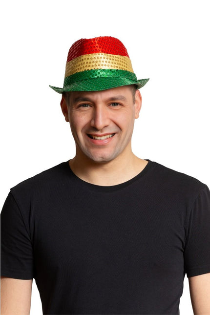 Pailletten Hoedje Rood/Geel/Groen van Partychimp koop je bij Partywinkel