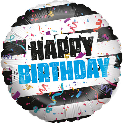Ballon à l'hélium « Happy Birthday » rayé noir et blanc, vide, 45 cm