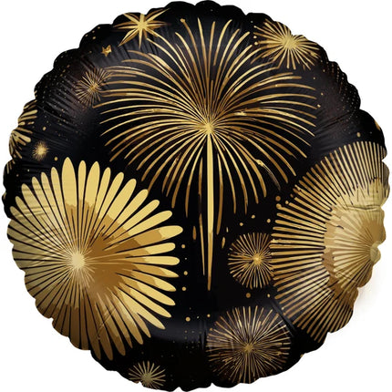 Ballon à l'hélium « Bonne année » noir et or, avec des feux d'artifice (vide), 45 cm