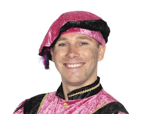 Pietbaret velour met struisveer roze van Haza Witbaard koop je bij Partywinkel