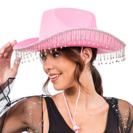 Chapeau de cowboy rose avec strass pendants - Taille unique