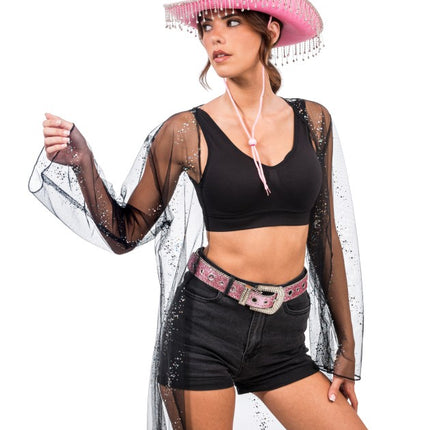 Chapeau de cowboy rose avec strass pendants - Taille unique