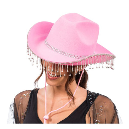 Chapeau de cowboy rose avec strass pendants - Taille unique