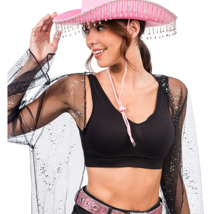 Chapeau de cowboy rose avec strass pendants - Taille unique