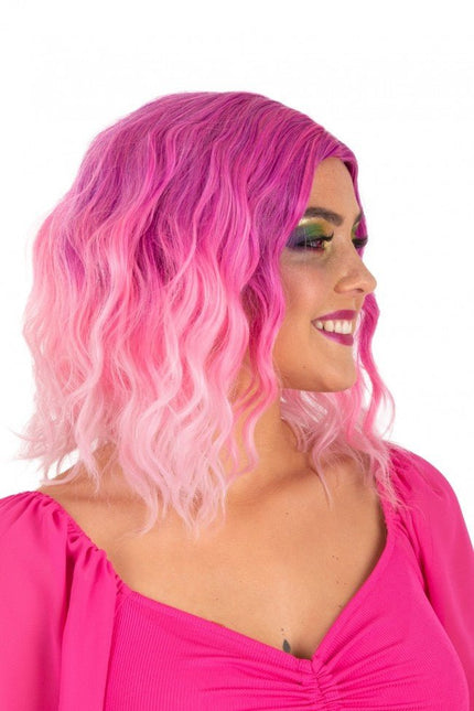 Pruik Alicia Half Lang Met Wave Pink Naar Wit van PartyXplosion koop je bij Partywinkel