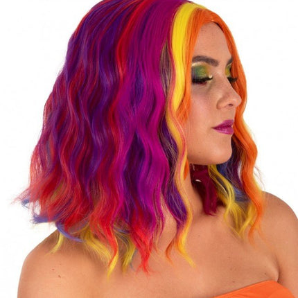 Pruik Alicia Half Lang Met Wave Rood, Geel En Oranje van PartyXplosion koop je bij Partywinkel