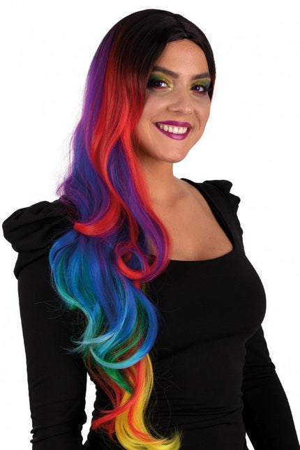 Pruik Selena Lang Met Krullen Regenboog All Over van PartyXplosion koop je bij Partywinkel