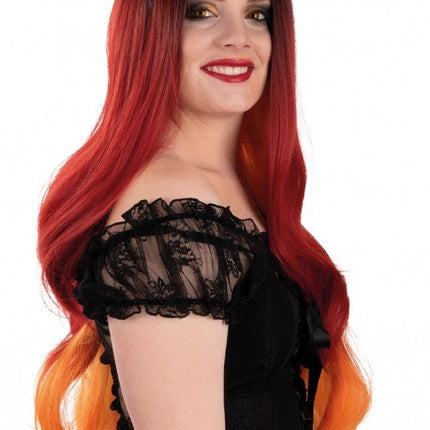 Pruik Selena Lang Met Krullen Rood En Oranje van PartyXplosion koop je bij Partywinkel