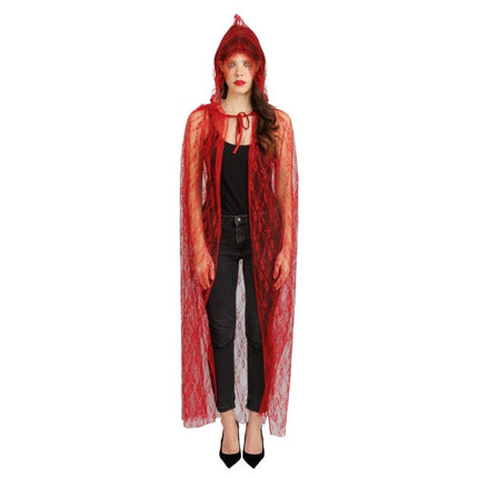 Cape en dentelle rouge à capuche