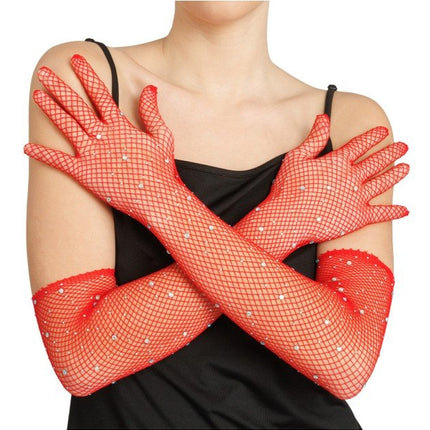 Rode Visnet Handschoenen met Strass 45cm van CHAKS koop je bij Partywinkel