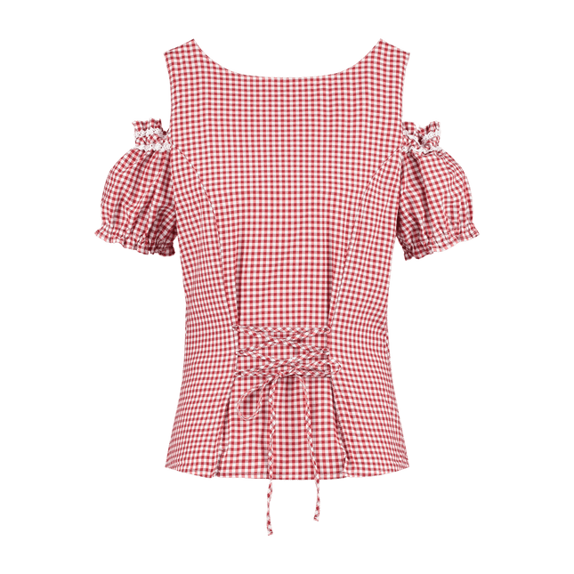 Rood Witte Blouse Dames Geruit Met Gespen van Haus Huberts koop je bij Partywinkel