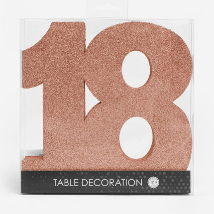 Rose Goud Tafeldecoratie Cijfer 18 Glitter 20,5cm van WeFiesta koop je bij Partywinkel