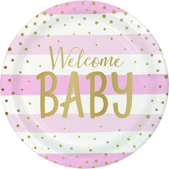 Roze Borden Welcome Baby 23cm 8st van Creative Converting koop je bij Partywinkel