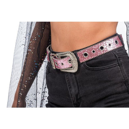 Roze Glitterriem met Strass Western Gesp 112cm van CHAKS koop je bij Partywinkel
