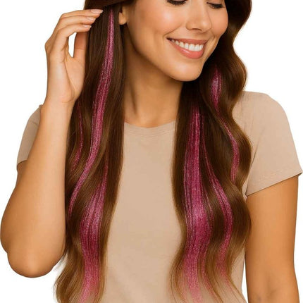 Roze Hair Extension Glitters 50cm 3st van Fiestas Guirca koop je bij Partywinkel