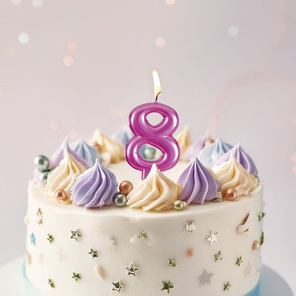 Roze Kaars 8 Jaar Metallic 8cm van Fiestas Guirca koop je bij Partywinkel