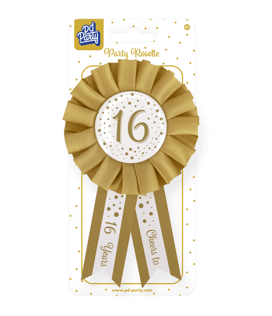 Rozet 16 Jaar Goud Wit 14cm van Paper Dreams koop je bij Partywinkel